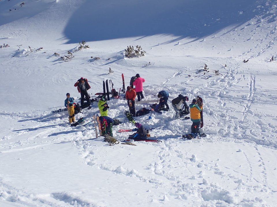 The group gearing up before the descent