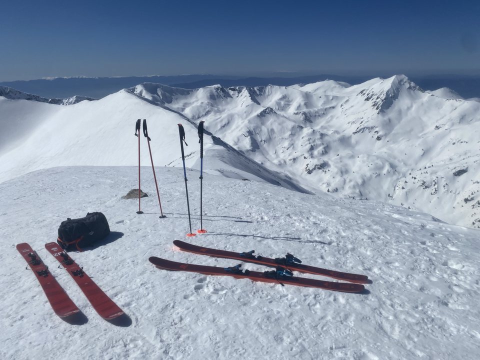 Gear laid out on the summit before the descent